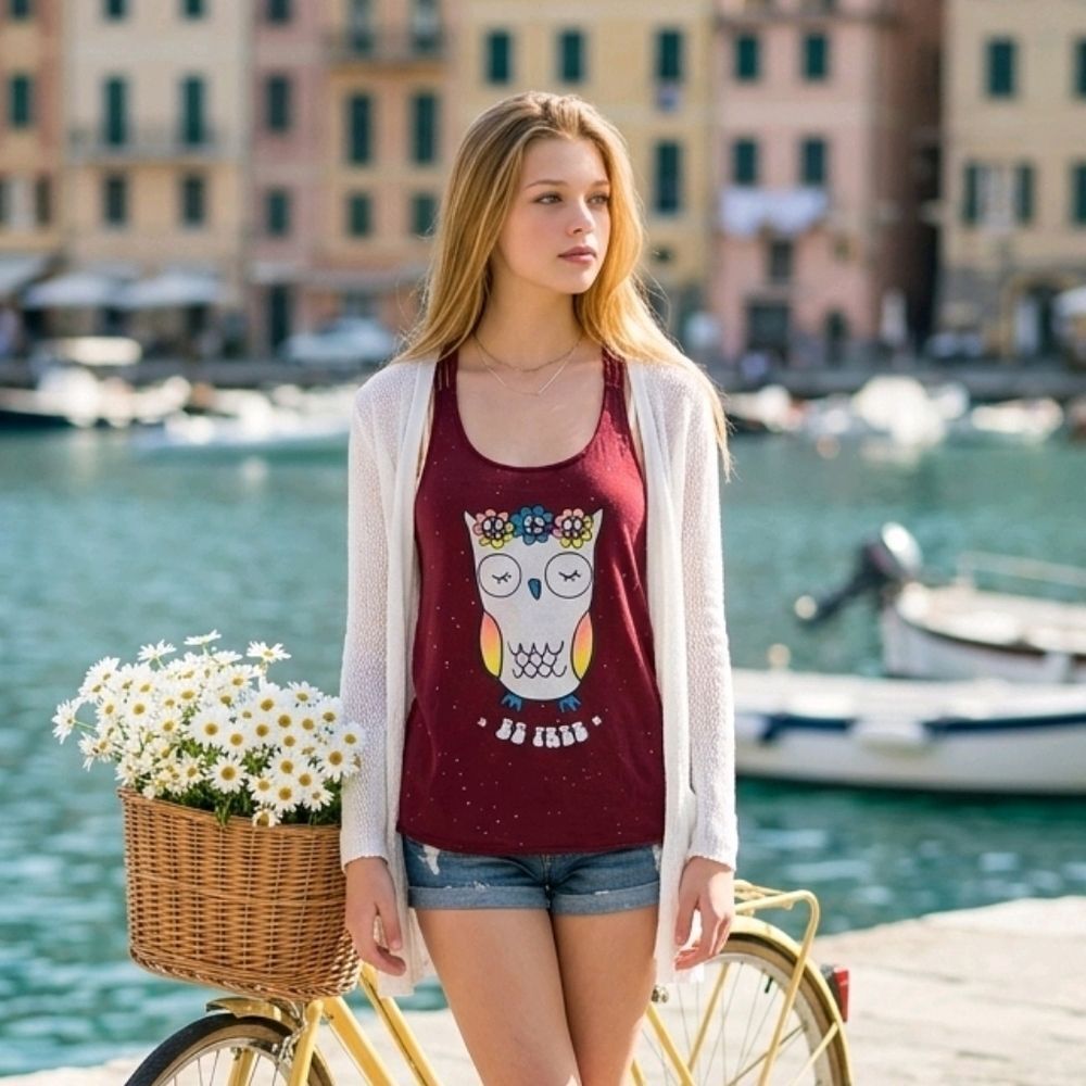Justice Girls 18 Glitter Peace Owl Strappy Macrame Braid Tank Top Maroon T-Shirt